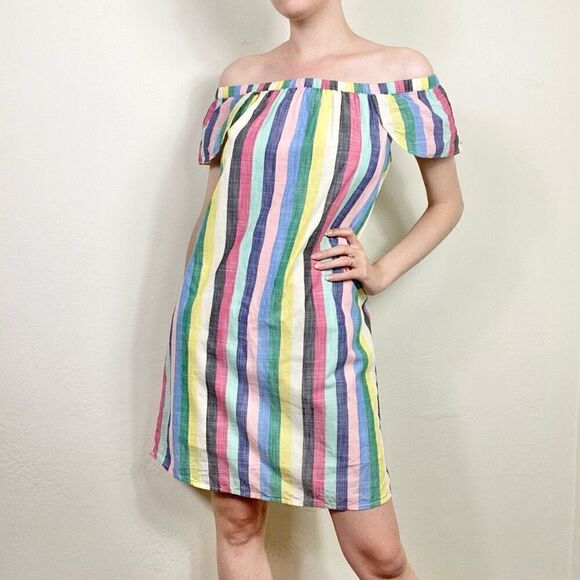J. Crew Rainbow Stripe Off the Shoulder Flutter Sleeve Mini Shift Dress Size 6 - Picture 1 of 7